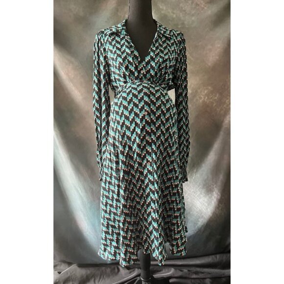 Seraphine Geometric Print Maternity Nursing Dress Long Sleeve Tie Waist Size 6 - Picture 1 of 10